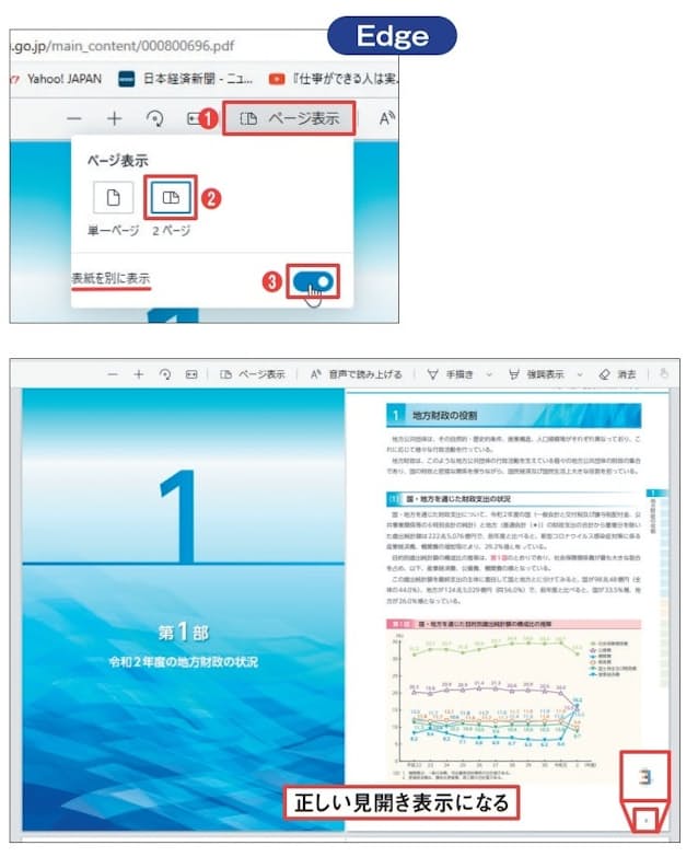 図4 Edgeでは、「 ページ表示」をクリックして「2ページ」を選ぶと(1、2)、「表紙を別に表示」というオプションが現れる。これをオンにすると(3)、表紙を見開きから除 外するので、正しく左右の合った見開き表示にできる(下)