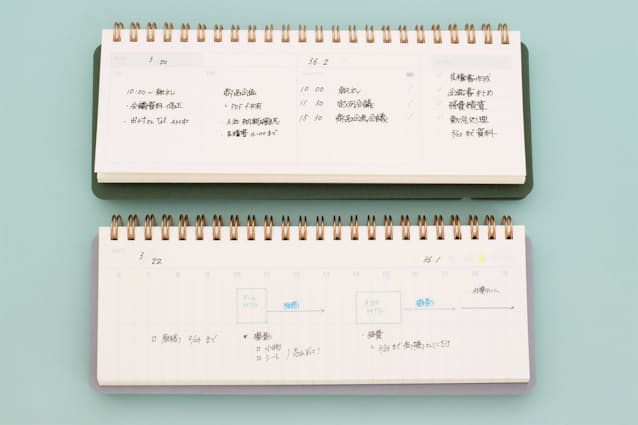 写真上はグリーンの表紙に付くフォーマット「1日の予定&ToDoリスト」、下がグレーの表紙に付くフォーマット「1日の作業&予定」