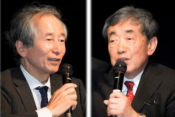 早大の内田和成教授（左）とカルビーの松本晃会長