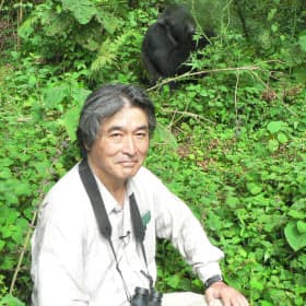 ゴリラとともに(2008年、アフリカのルワンダにある火山国立公園にて)=山極氏提供