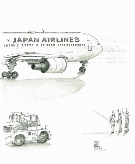 成田空港で旅客機を見送る整備士たち（画・安住孝史氏）