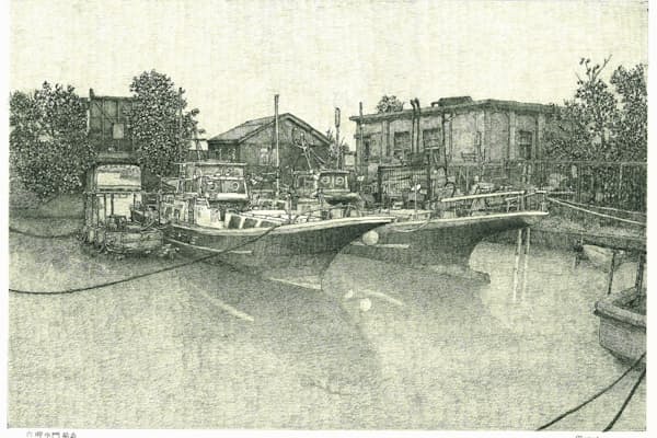 六郷水門（画面左奥）の舟だまりは「雑色運河」と呼ばれた水路下流の雰囲気を伝える（画・安住孝史氏）