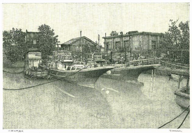 六郷水門（画面左奥）の舟だまりは「雑色運河」と呼ばれた水路下流の雰囲気を伝える（画・安住孝史氏）