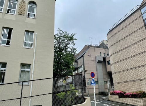 T字路を挟んで本館(左)、東館(右奥)、講堂(右手前)が向かい合う